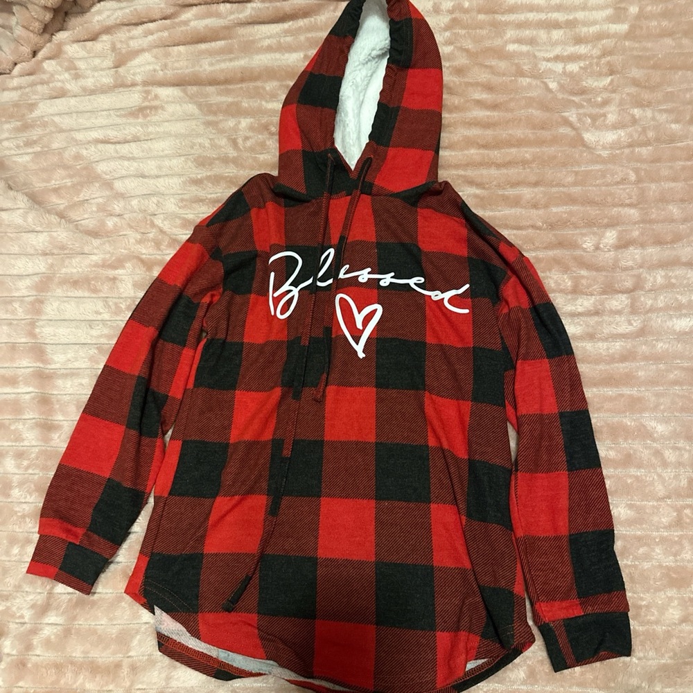 No Boundaries Red and Black Buffalo Plaid Hooded Pullover "Blessed"